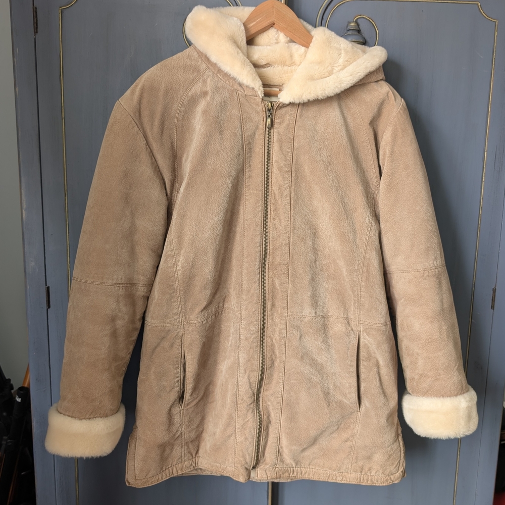 VTG Genuine 100% Suede Leather Coat Faux Fur Lined Hooded Jacket Washable Suede